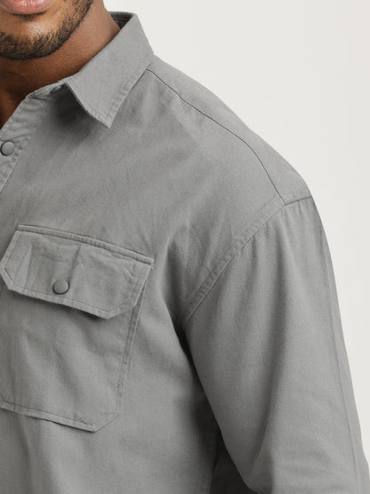 Casual Fit Cotton Shirt with Double Pockets Lt Grey