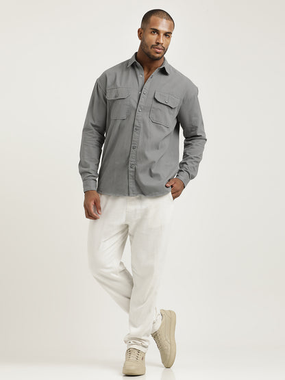 Casual Fit Cotton Shirt with Double Pockets Lt Grey