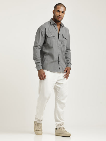 Casual Fit Cotton Shirt with Double Pockets Lt Grey