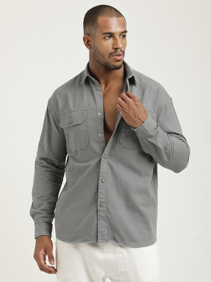 Casual Fit Cotton Shirt with Double Pockets Lt Grey