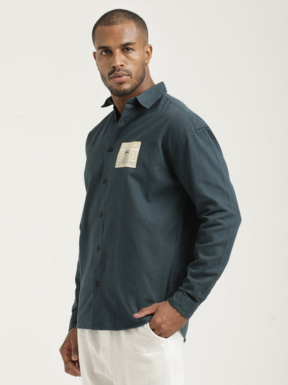 Slim Fit Cotton Shirt with Graphic Stickers R Green