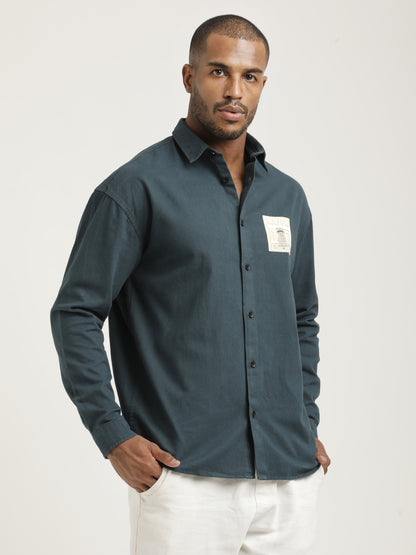 Slim Fit Cotton Shirt with Graphic Stickers R Green