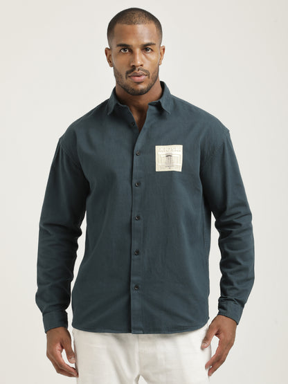 Slim Fit Cotton Shirt with Graphic Stickers R Green