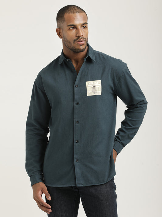 Slim Fit Cotton Shirt with Graphic Stickers R Green
