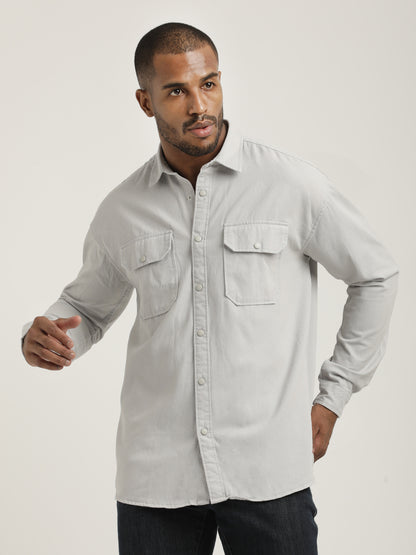 Casual Fit Cotton Shirt with Double Pockets Off White
