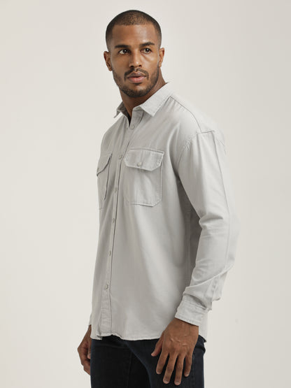 Casual Fit Cotton Shirt with Double Pockets Off White