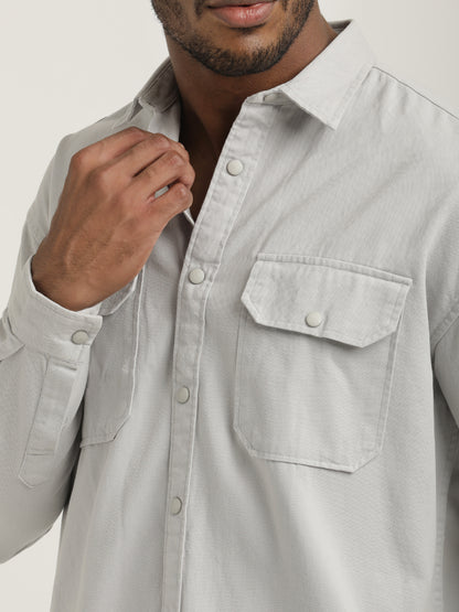 Casual Fit Cotton Shirt with Double Pockets Off White
