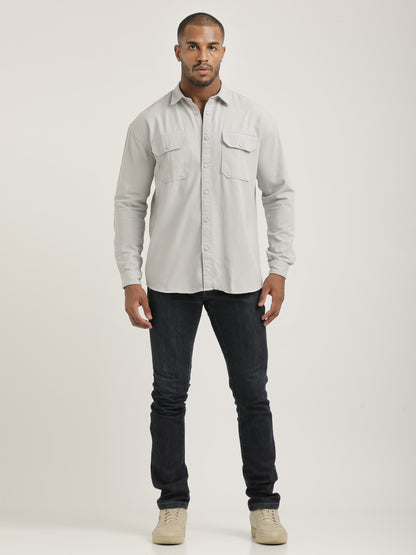 Casual Fit Cotton Shirt with Double Pockets Off White