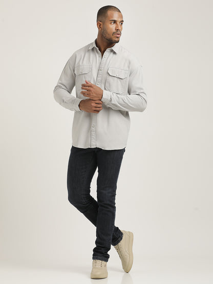 Casual Fit Cotton Shirt with Double Pockets Off White