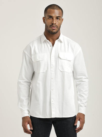 Casual Fit Cotton Shirt with Double Pockets White