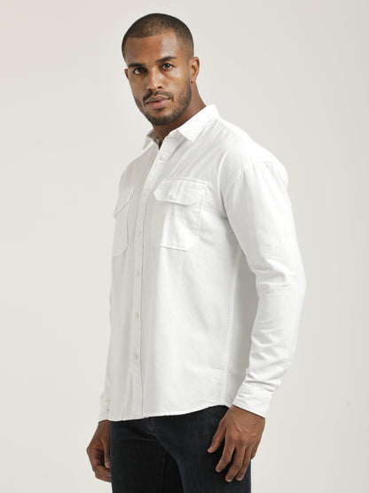 Casual Fit Cotton Shirt with Double Pockets White
