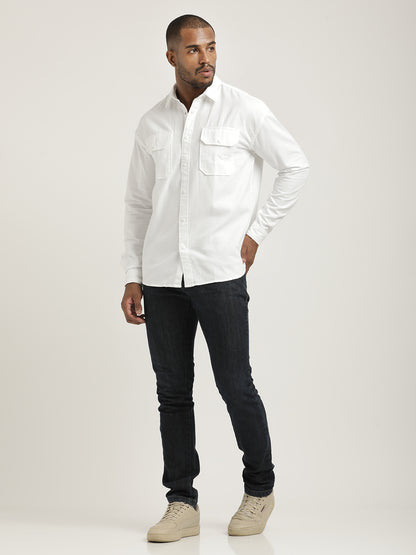 Casual Fit Cotton Shirt with Double Pockets White