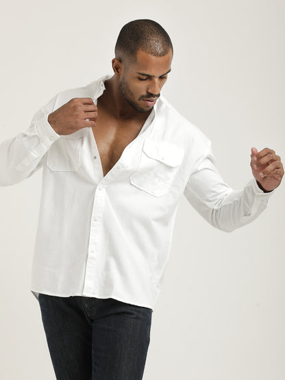 Casual Fit Cotton Shirt with Double Pockets White