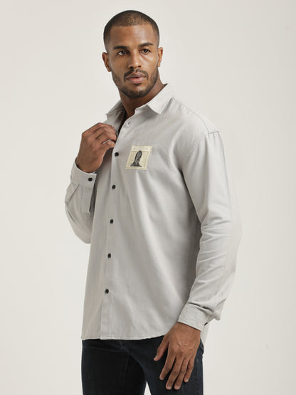 Slim Fit Cotton Shirt with Graphic Stickers Off White
