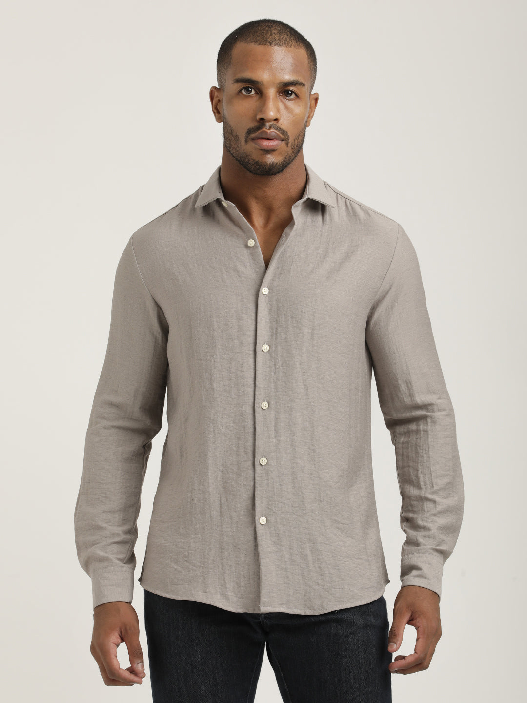 Slim Fit Nylon Shirt with Linen Look Lt Pink