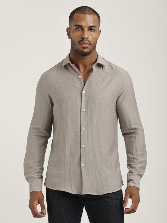 Slim Fit Nylon Shirt with Linen Look Lt Pink