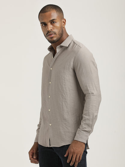 Slim Fit Nylon Shirt with Linen Look Lt Pink