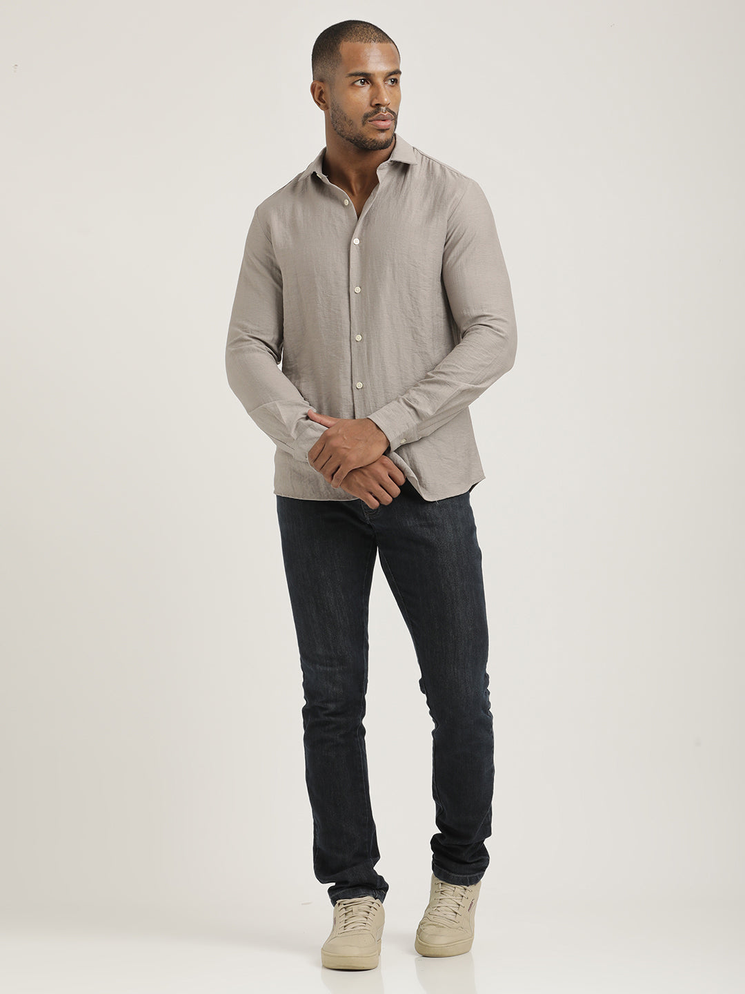 Slim Fit Nylon Shirt with Linen Look Lt Pink