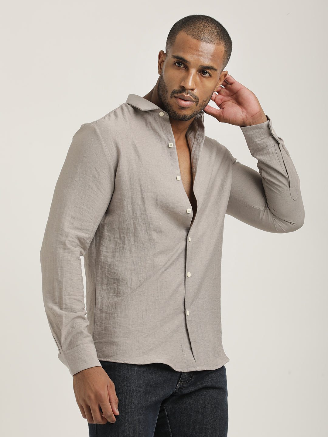 Slim Fit Nylon Shirt with Linen Look Lt Pink