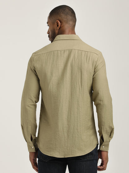 Slim Fit Nylon Shirt with Linen Look Khaki