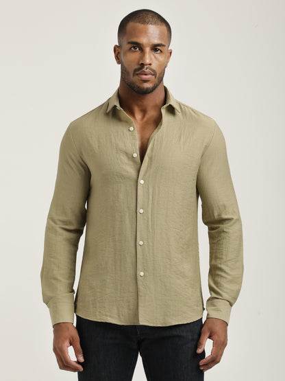 Slim Fit Nylon Shirt with Linen Look Khaki