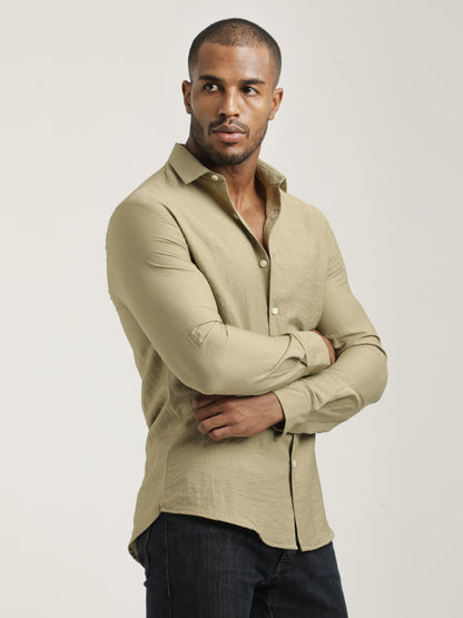 Slim Fit Nylon Shirt with Linen Look Khaki