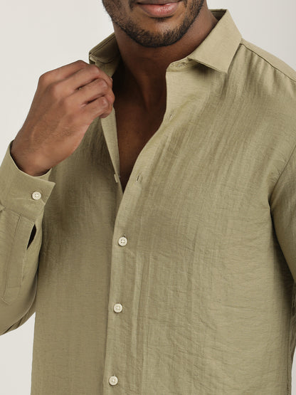 Slim Fit Nylon Shirt with Linen Look Khaki