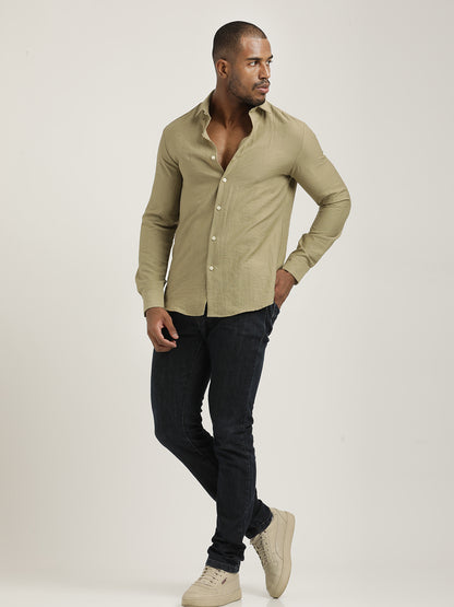 Slim Fit Nylon Shirt with Linen Look Khaki