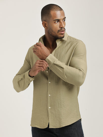 Slim Fit Nylon Shirt with Linen Look Khaki