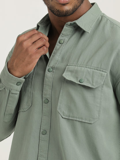Casual Fit Cotton Shirt with Double Pockets Lt Green