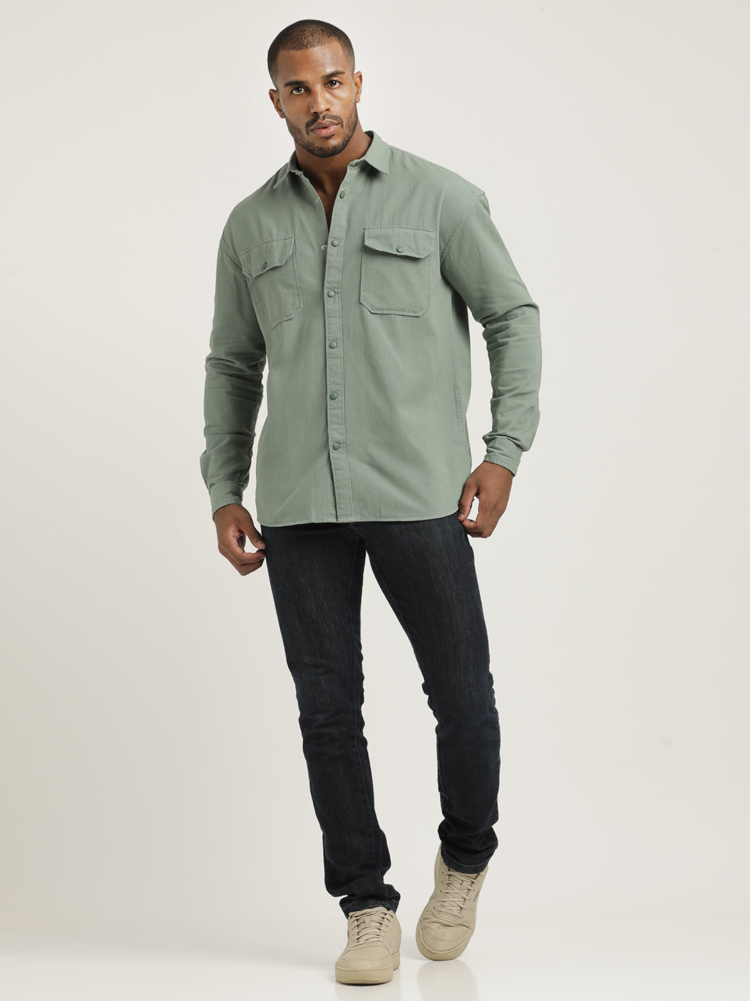 Casual Fit Cotton Shirt with Double Pockets Lt Green