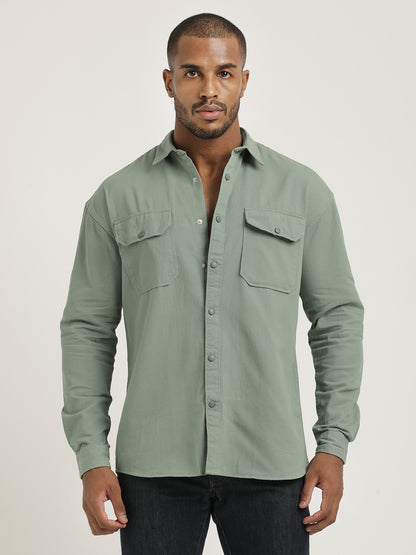 Casual Fit Cotton Shirt with Double Pockets Lt Green