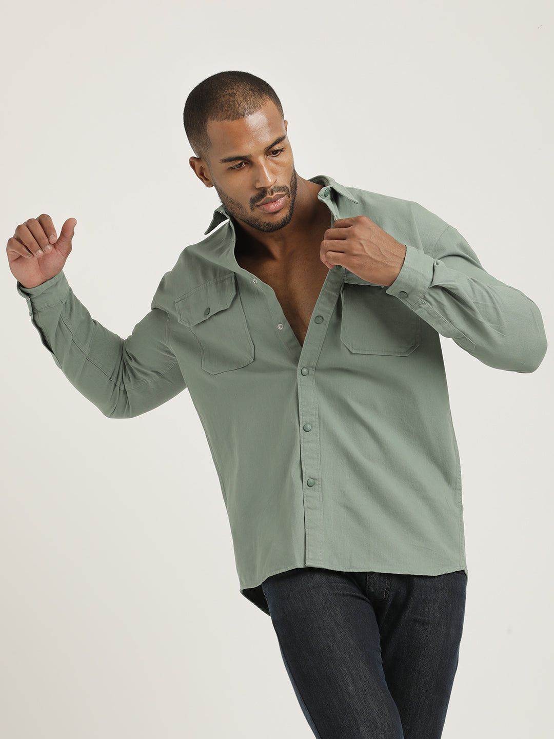 Casual Fit Cotton Shirt with Double Pockets Lt Green