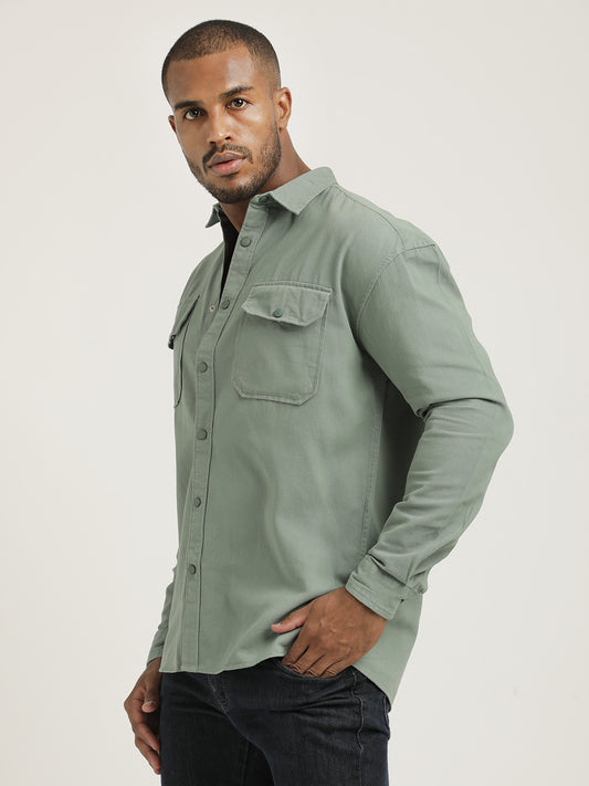 Casual Fit Cotton Shirt with Double Pockets Lt Green