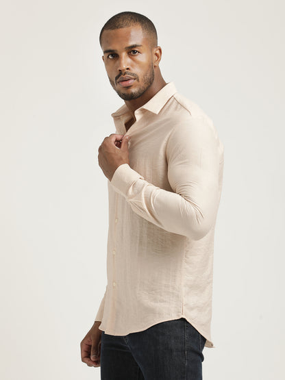 Slim Fit Nylon Shirt with Linen Look Peach