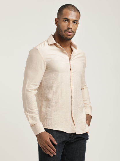 Slim Fit Nylon Shirt with Linen Look Peach