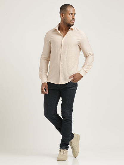 Slim Fit Nylon Shirt with Linen Look Peach