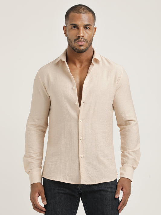 Slim Fit Nylon Shirt with Linen Look Peach