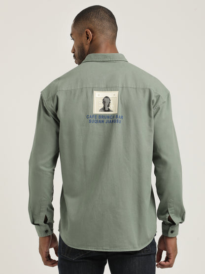 Slim Fit Cotton Shirt with Graphic Stickers Lt Green