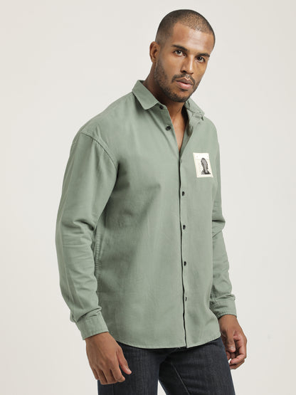 Slim Fit Cotton Shirt with Graphic Stickers Lt Green