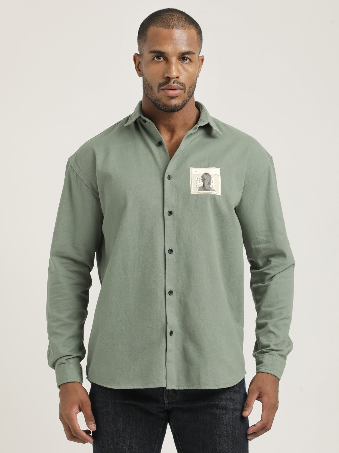 Slim Fit Cotton Shirt with Graphic Stickers Lt Green