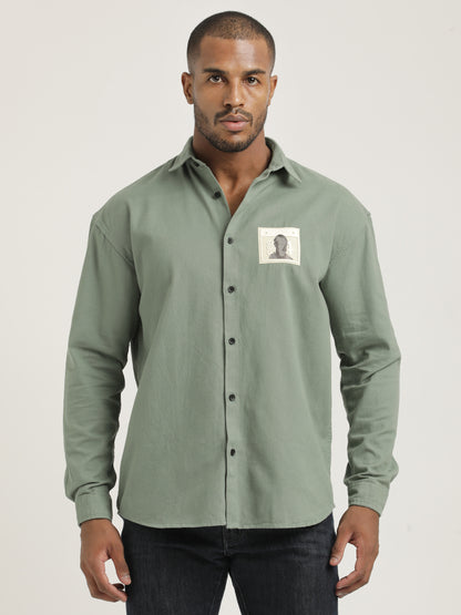 Slim Fit Cotton Shirt with Graphic Stickers Lt Green