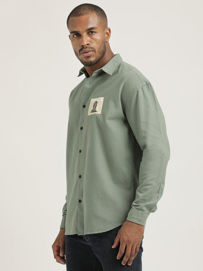 Slim Fit Cotton Shirt with Graphic Stickers Lt Green