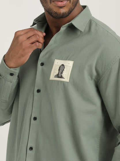 Slim Fit Cotton Shirt with Graphic Stickers Lt Green