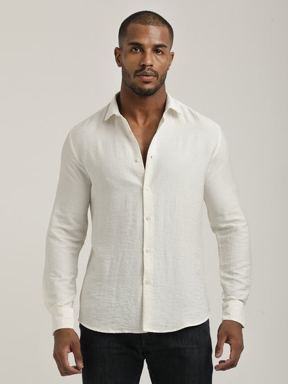 Slim Fit Nylon Shirt with Linen Look Off White