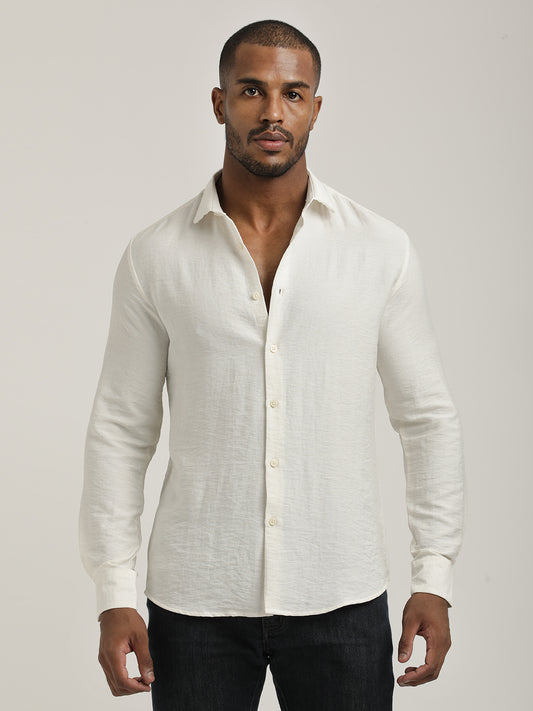 Slim Fit Nylon Shirt with Linen Look White