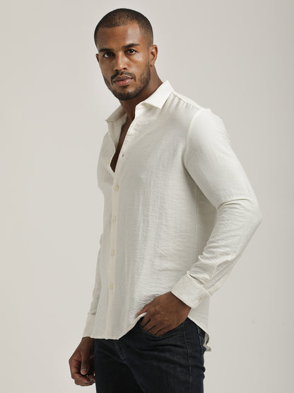 Slim Fit Nylon Shirt with Linen Look Off White
