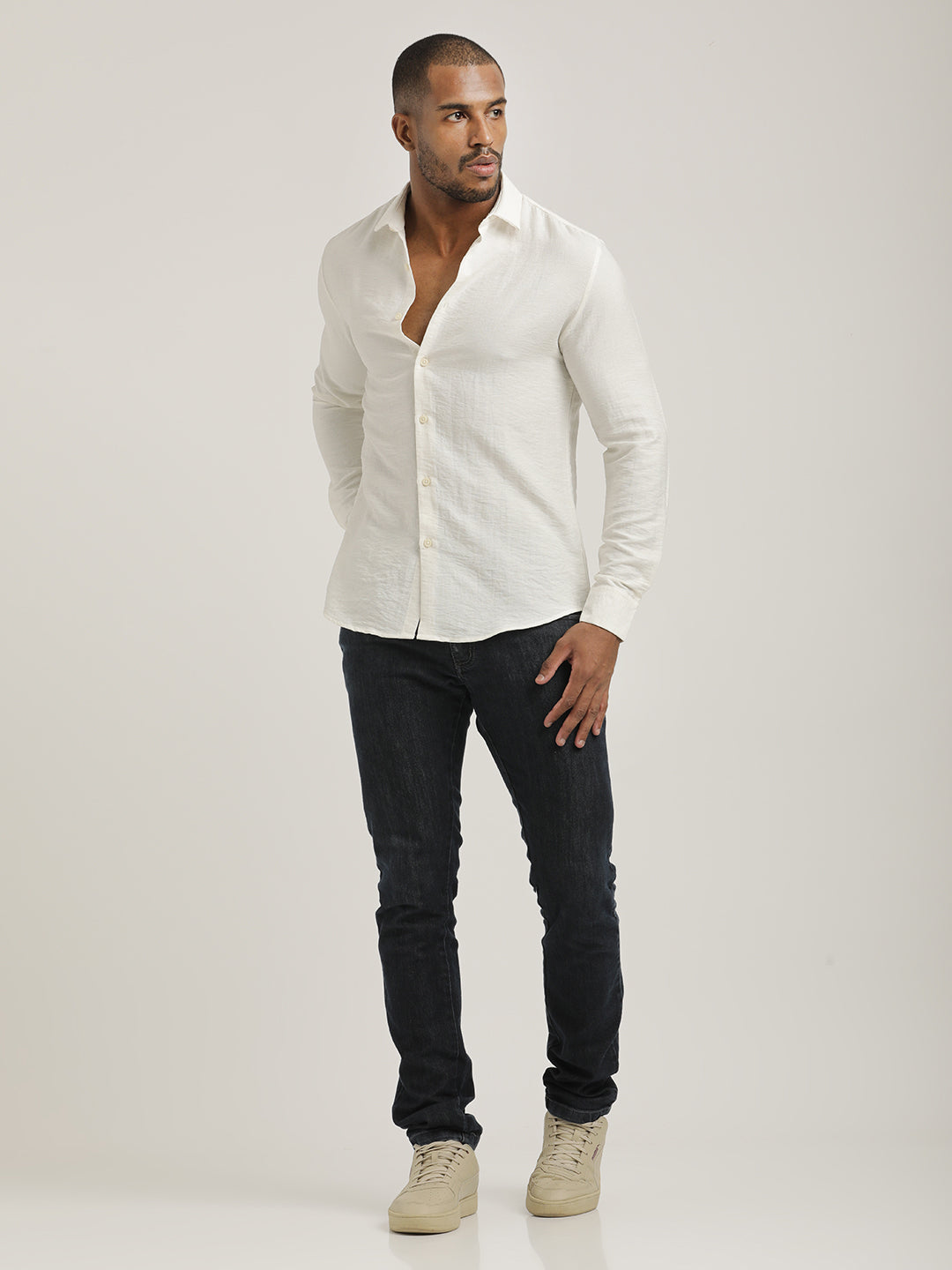 Slim Fit Nylon Shirt with Linen Look White