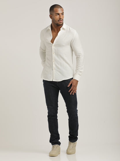 Slim Fit Nylon Shirt with Linen Look Off White