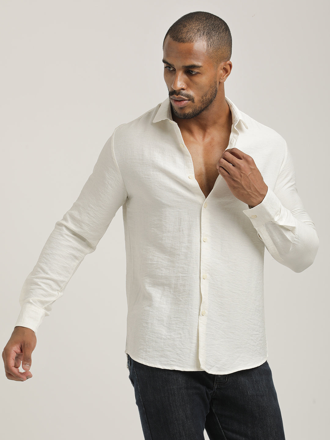 Slim Fit Nylon Shirt with Linen Look White